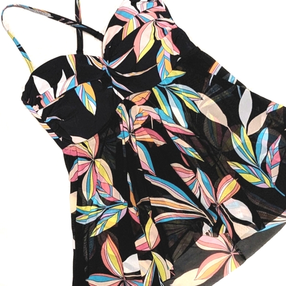 Profile by Gottex Swimsuit Tankini Top Shear Flowy Tropical Floral Print Sz 10 - Picture 1 of 8